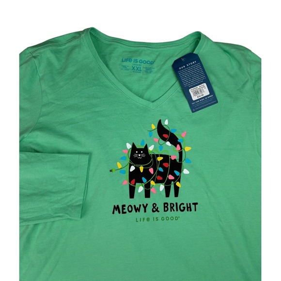 NWT Life Is Good Crusher Tee XXL Long-Sleeve Green Meowy & Bright Cat Christmas - Picture 7 of 10